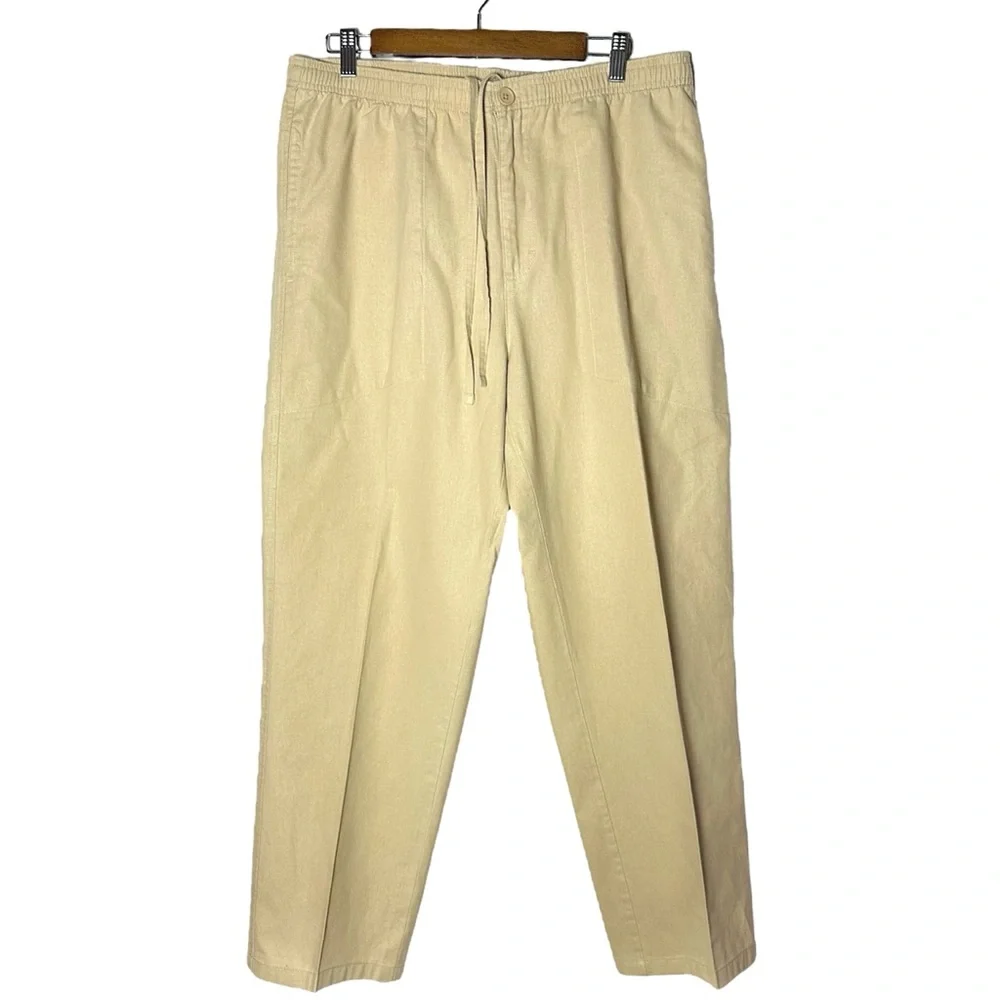 Mens Linen Cotton Pants Tan Sz M 35”W x 30”L Elastic Drawstring Waist Orton Bros